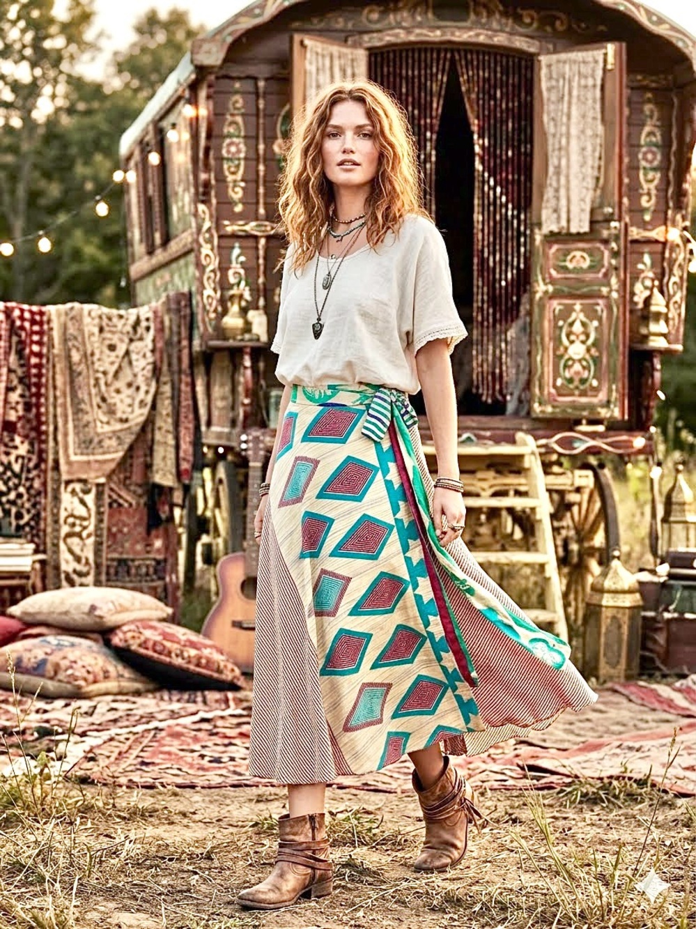 Reversible Silk Boho Chevron Wrap Skirt w hippy festival Gypsy patchwork vibe